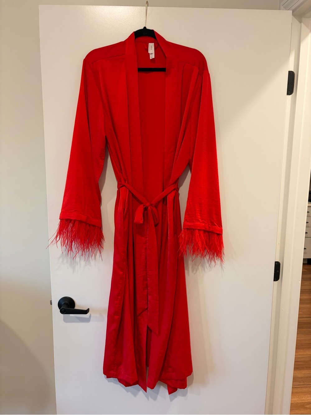 Red Feather-Trim Women's Satin Robe